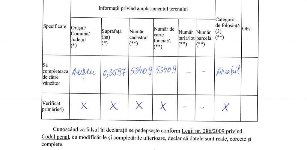 CERERE și OFERTĂ de vânzare a terenului extravilan