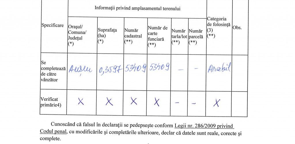 CERERE și OFERTĂ de vânzare a terenului extravilan